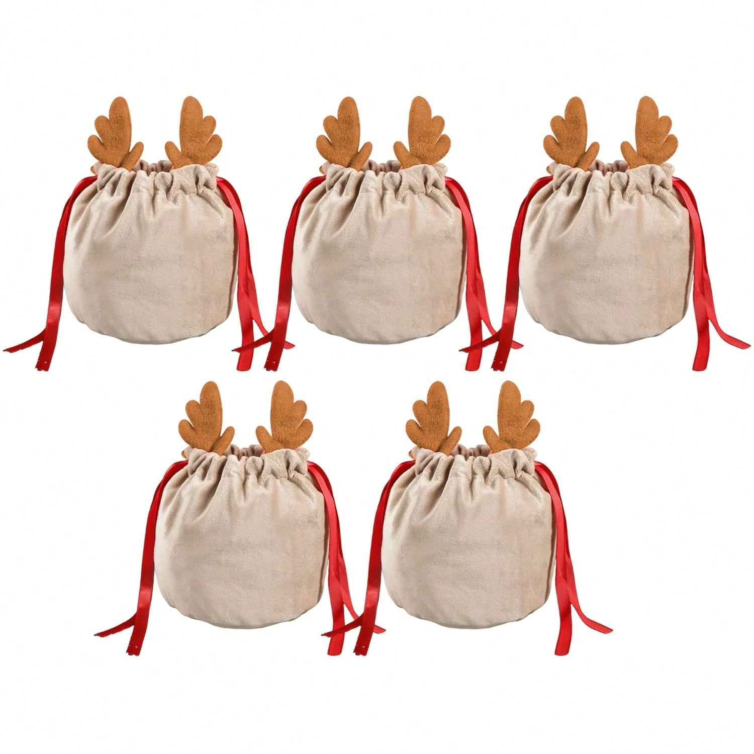 Set Of 5 Christmas Velvet Drawstring Gift Bags With Reindeer Antler Design. Suitable For Organizing Jewelry Or Candy. Santa Gift Bags, Perfect For Holidays, Weddings, And Birthday Party Favors.