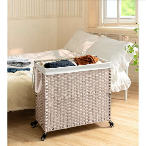 Laundry Hamper With Lid PE Rattan Powder Coating Frame Clothes Hampers With 02 Removable Bags, Wheels, 160L, Gray Color