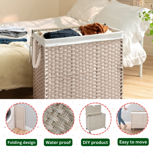Laundry Hamper With Lid PE Rattan Powder Coating Frame Clothes Hampers With 02 Removable Bags, Wheels, 160L, Gray Color