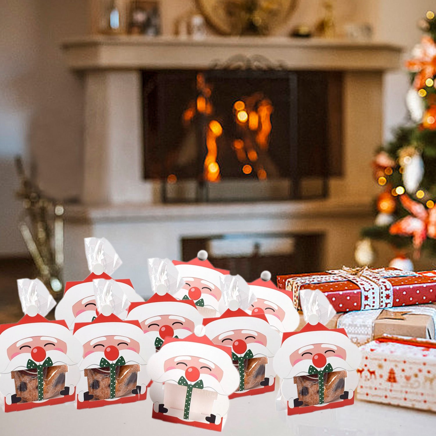 3D Christmas Goody Gift Boxes With Transparent Bags For Holiday Xmas Goodie Paper Boxes, School Classroom Party Favor Supply, Santa Claus Design Candy Treat Cardboard Cookie Box For Xmas G