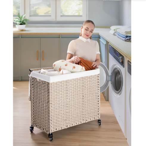 Laundry Hamper With Lid PE Rattan Powder Coating Frame Clothes Hampers With 02 Removable Bags, Wheels, 160L, Gray Color