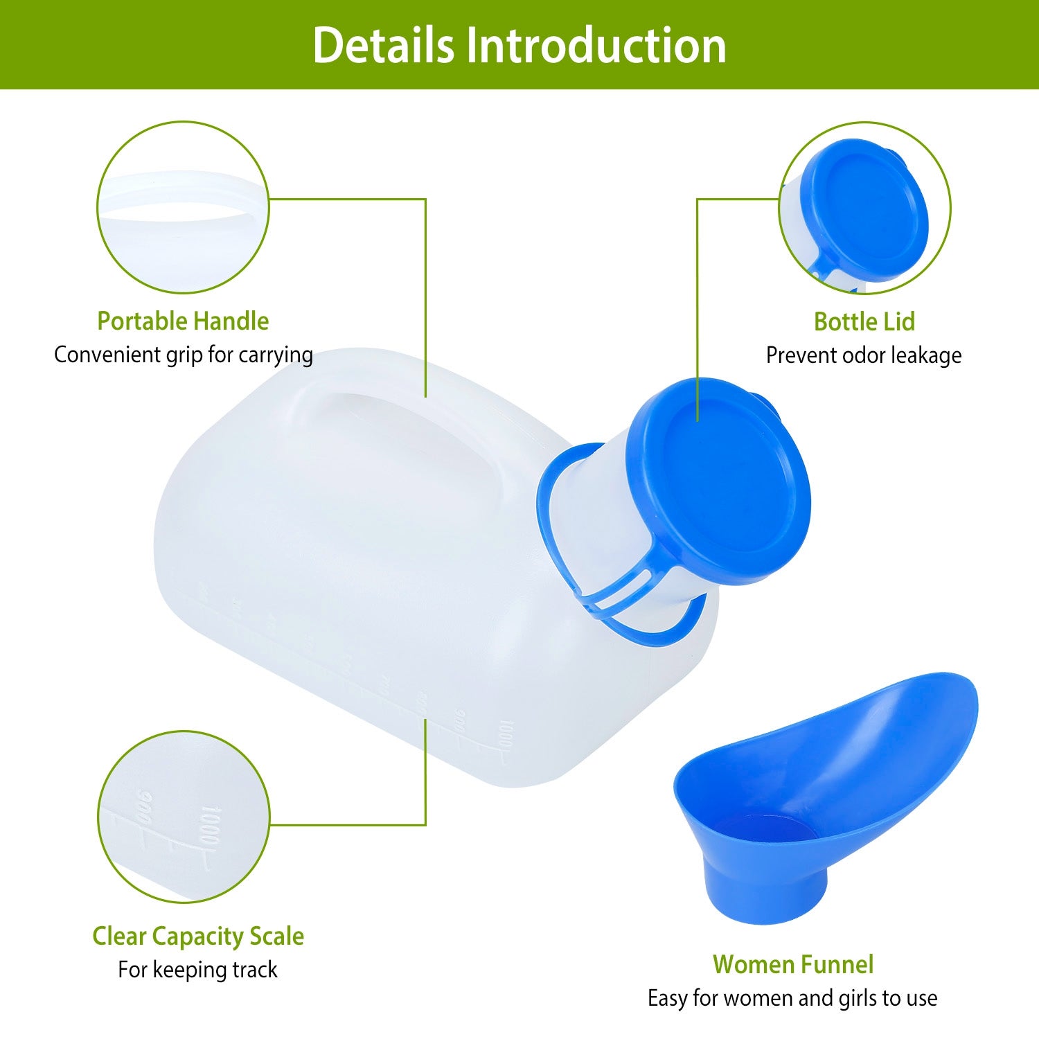 Unisex Potty Urinal Bottle 33.8OZ Emergency Urinal Device Portable Male Female Toilet With Lid Funnel For Car Camping Travel Hospital Outdoor