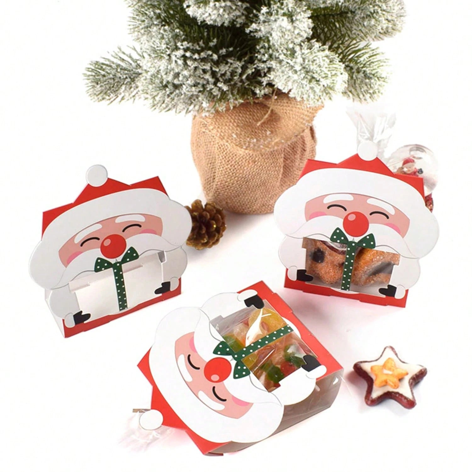 8 Pcs Mini Christmas Treat Boxes With Cellophane Bags And Twist Ties Cartoon Santa Claus Design Gift Box Cute Paper Merry Christmas Baking Packing Bags For Xmas Holiday Party Supplies