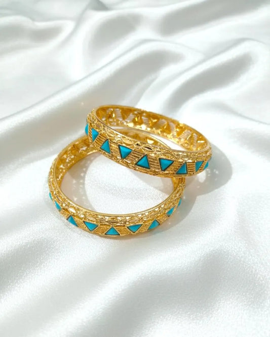 Gold Toned Blue Triangle Kara Bangles Set