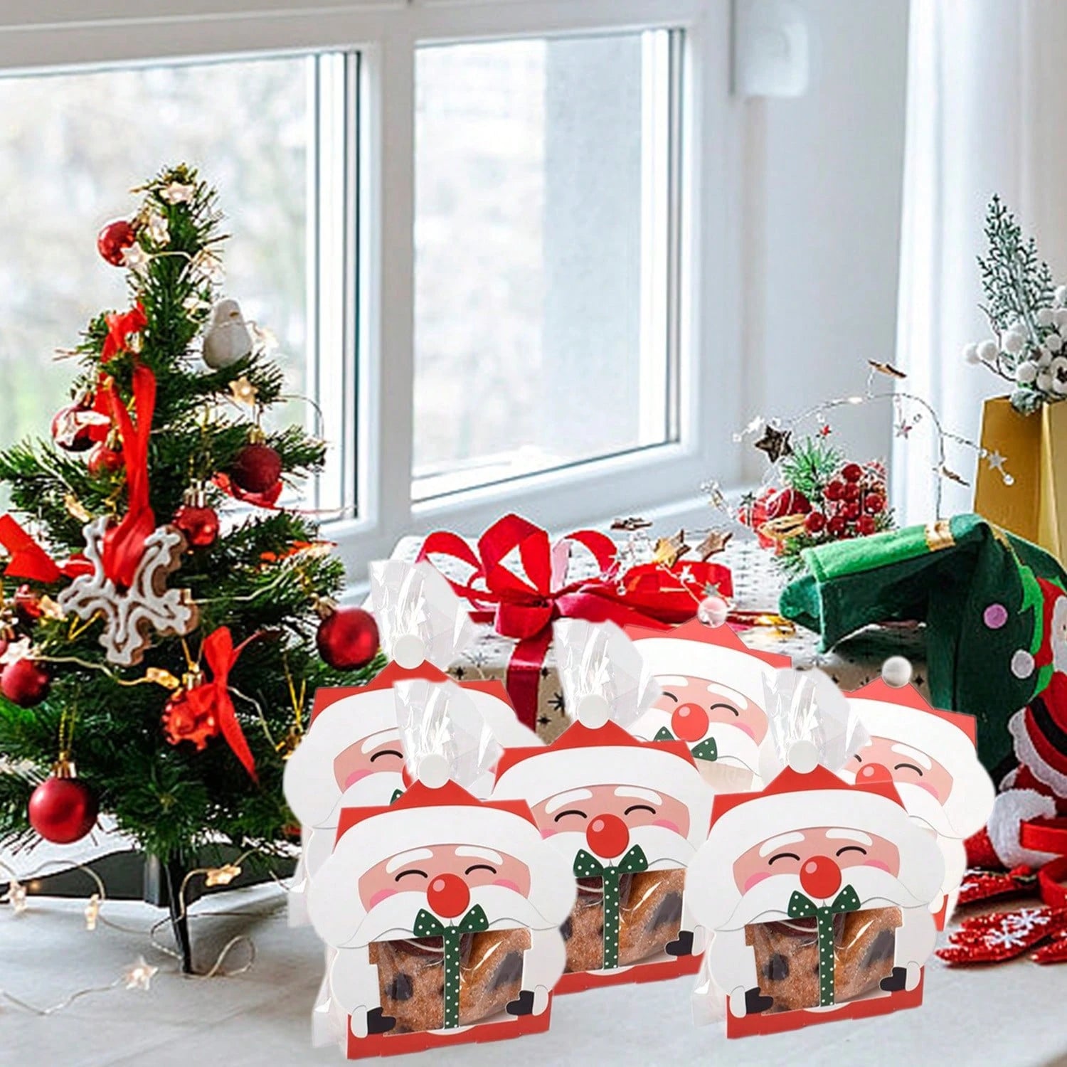 8 Pcs Mini Christmas Treat Boxes With Cellophane Bags And Twist Ties Cartoon Santa Claus Design Gift Box Cute Paper Merry Christmas Baking Packing Bags For Xmas Holiday Party Supplies