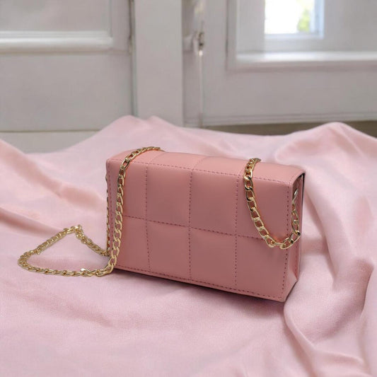 Pink Crossbody Bag with Gold Chain Strap for Girls