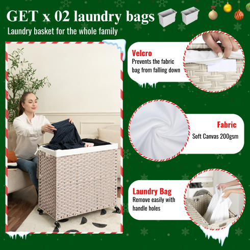Laundry Hamper With Lid PE Rattan Powder Coating Frame Clothes Hampers With 02 Removable Bags, Wheels, 160L, Gray Color