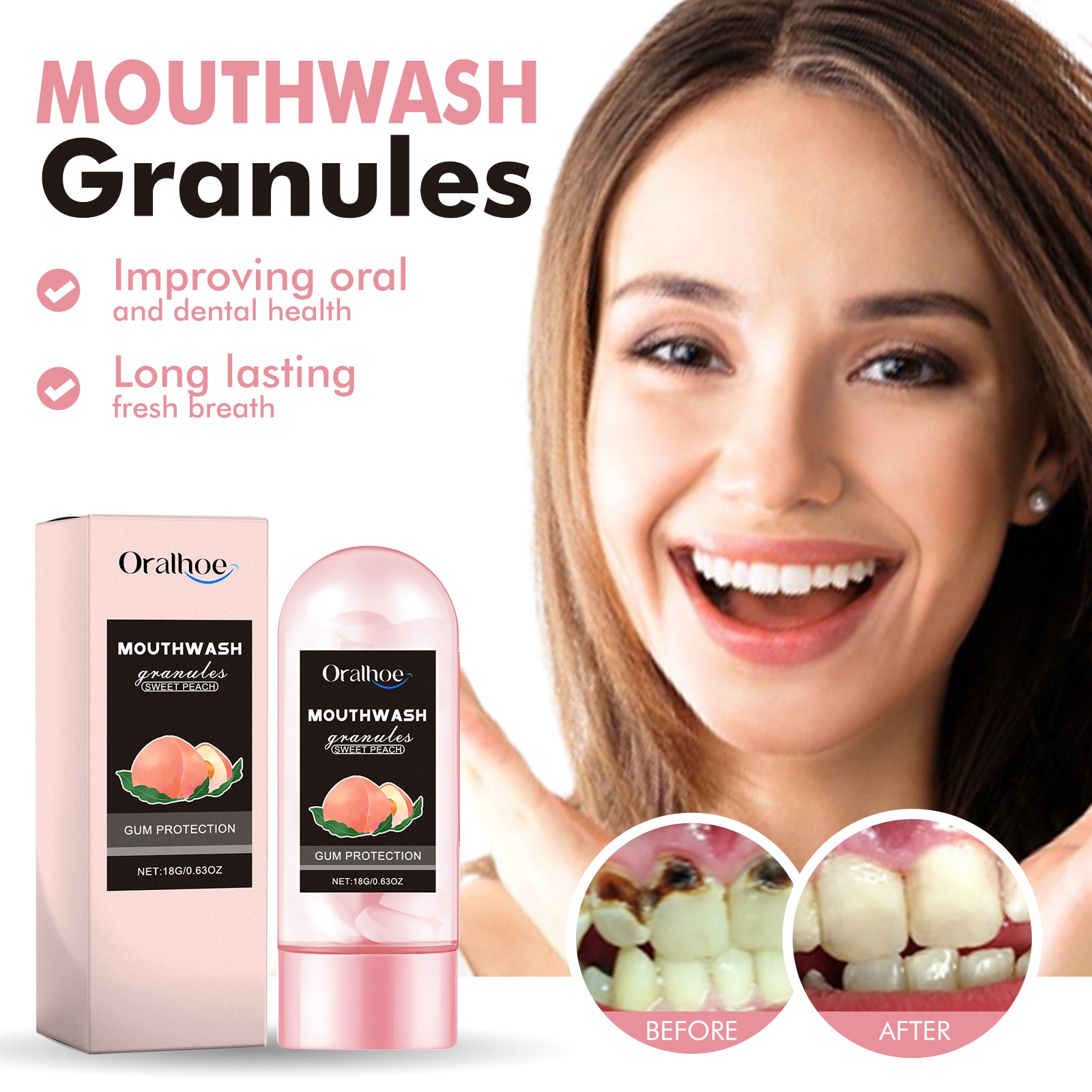 Oralhoe Peach Flavor Teeth Cleaning Mouthwash Pellets Breath Long Lasting Fragrance Clean Gums Portable Mouthwash Pellets
