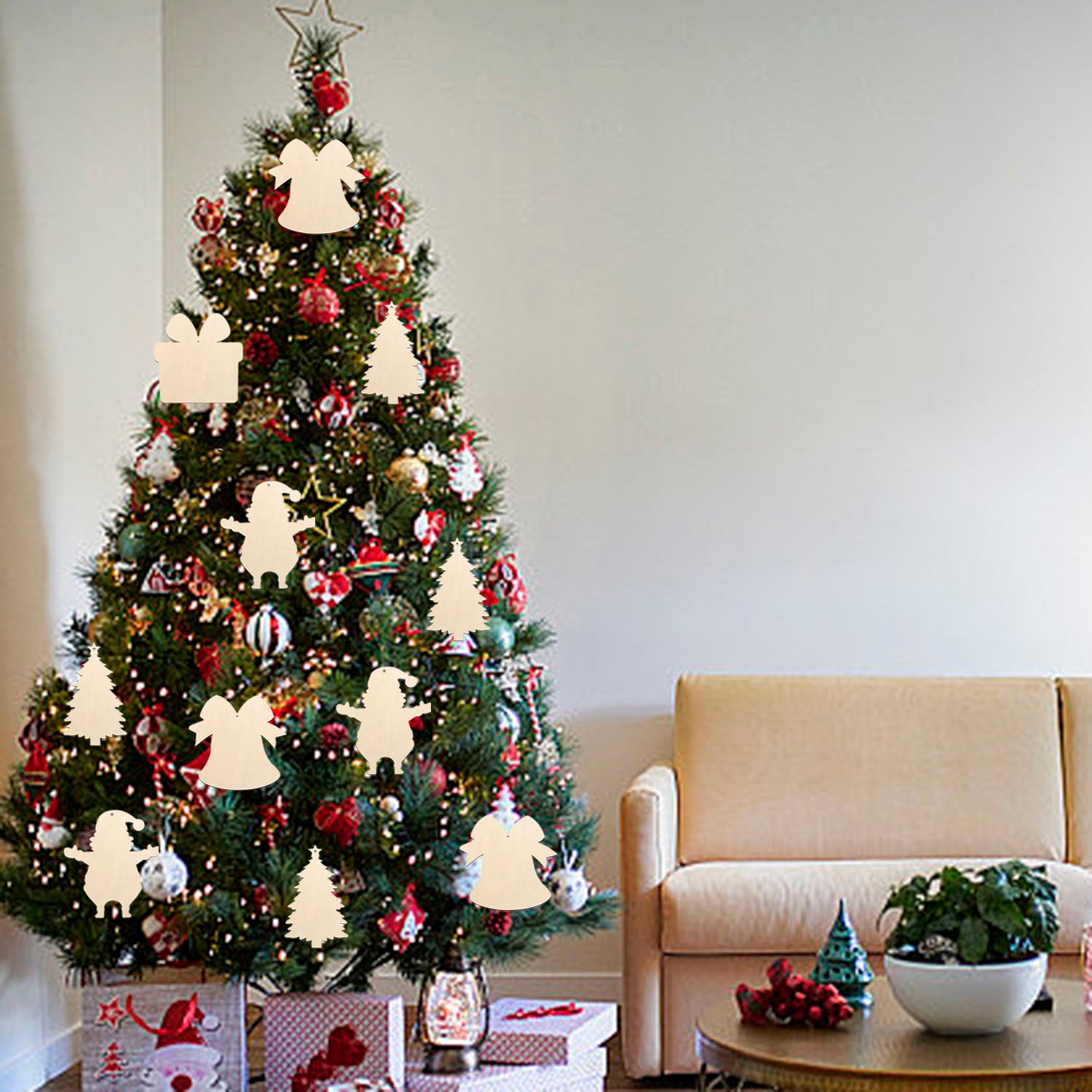 20PCS,40PCS Unfinished Paintable Blank Wooden Christmas Festival Decoration Ornaments 5 Designs Xmas Tree Hanging Wood Slices DIY Art Crafts For Christmas Party Decoration