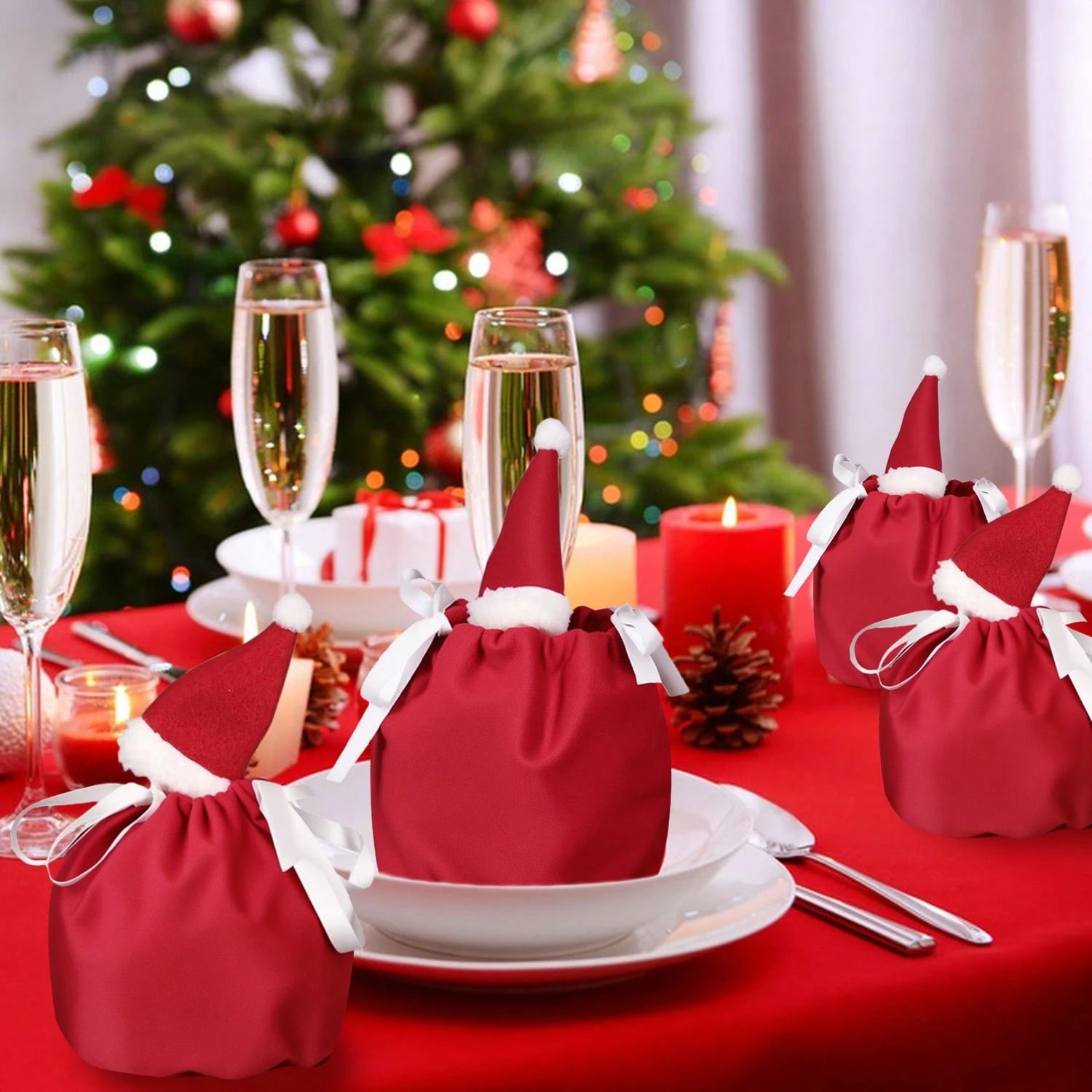 Set Of 5 Christmas Velvet Drawstring Gift Bags With Reindeer Antler Design. Suitable For Organizing Jewelry Or Candy. Santa Gift Bags, Perfect For Holidays, Weddings, And Birthday Party Favors.