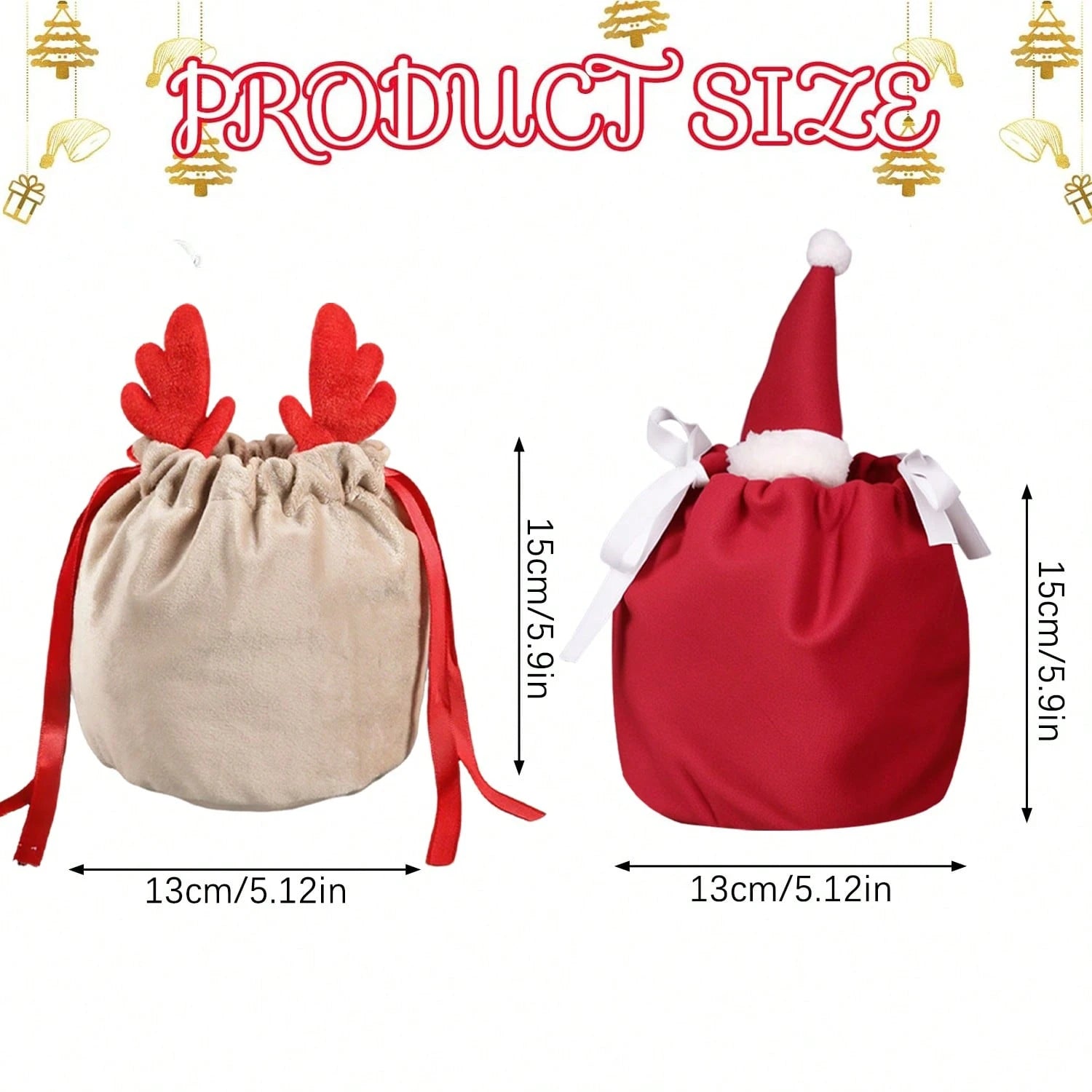 Set Of 5 Christmas Velvet Drawstring Gift Bags With Reindeer Antler Design. Suitable For Organizing Jewelry Or Candy. Santa Gift Bags, Perfect For Holidays, Weddings, And Birthday Party Favors.