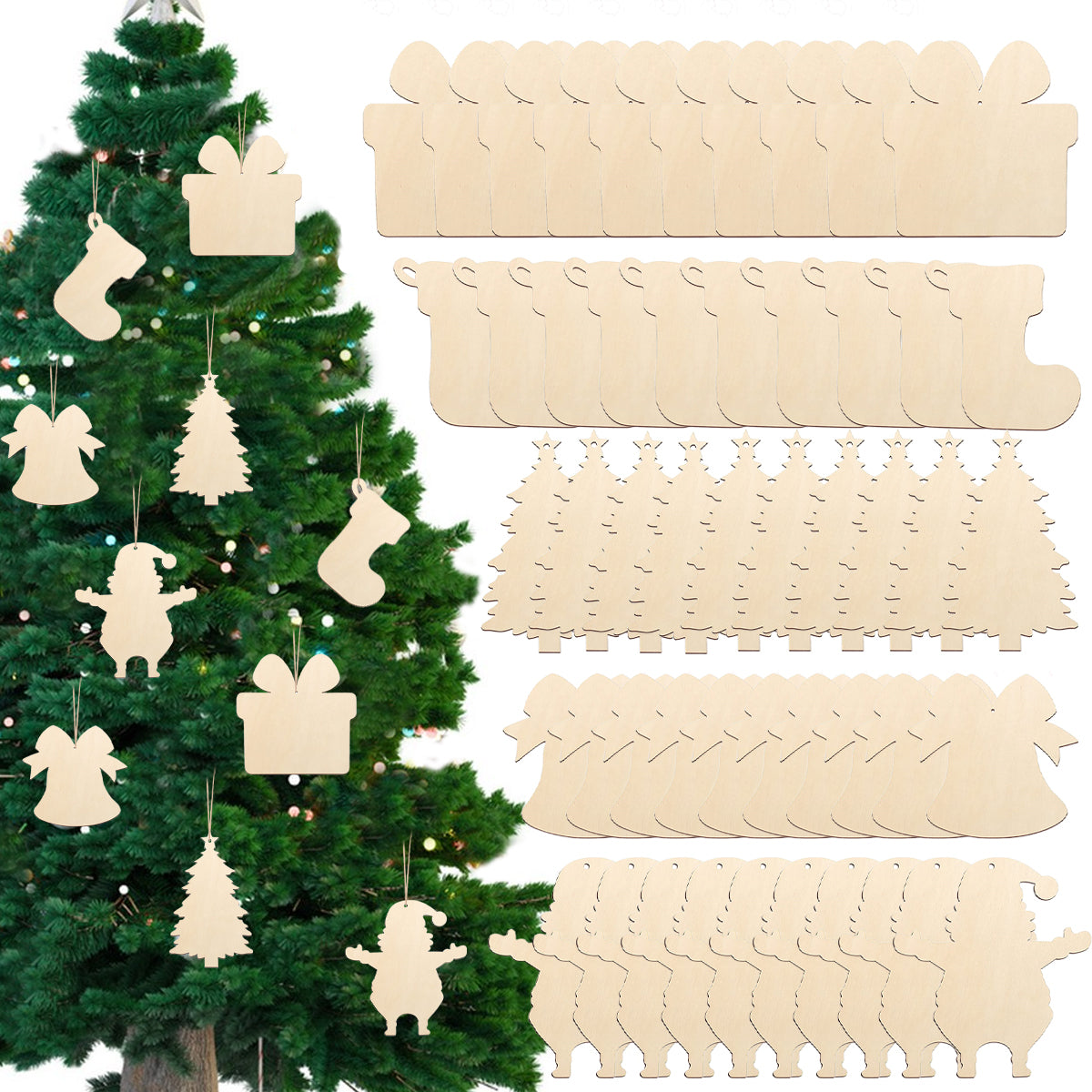 20PCS,40PCS Unfinished Paintable Blank Wooden Christmas Festival Decoration Ornaments 5 Designs Xmas Tree Hanging Wood Slices DIY Art Crafts For Christmas Party Decoration